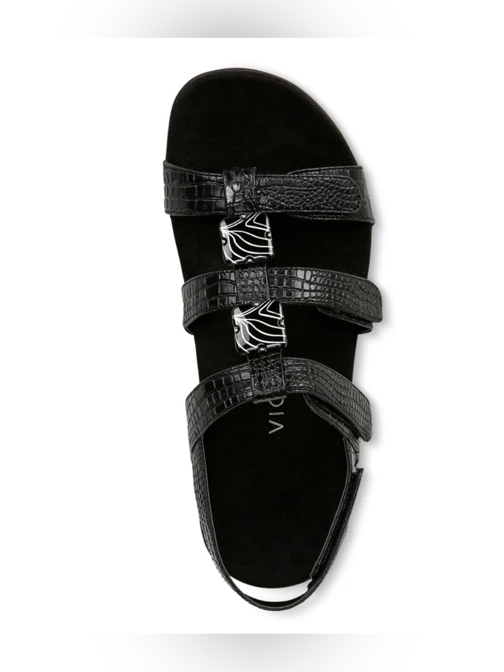 Vionic Black Three-Strap Comfort Sandals with Patterned Accent